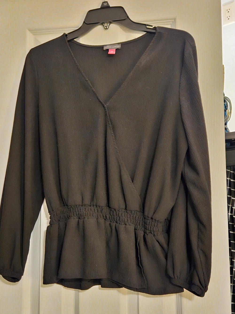 Vince Camuto Black Long-Sleeve Surplice Smocked Waist Blouse Dress